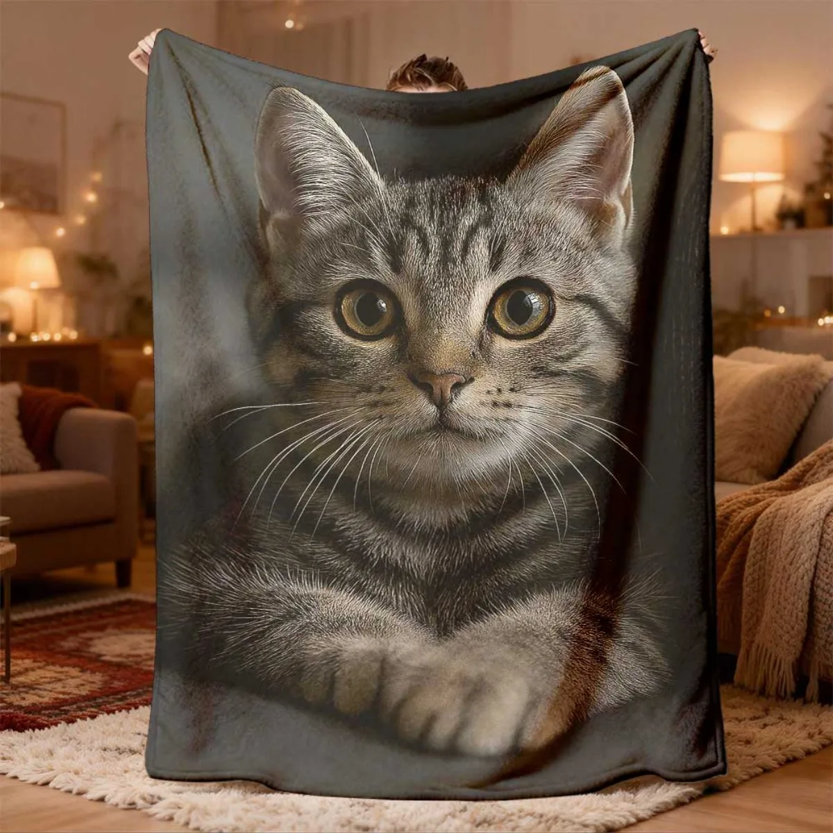 Cute Grumpy Cat Portrait Throw Blanket Cozy Plush Pet Lover Gift for Couch Decor