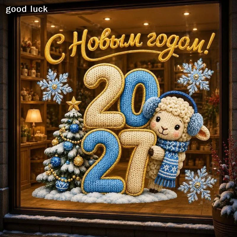 Answer2027 New Year Window Sticker Cute Knitted Sheep Snowflake Pattern Self Adhesive For Home Holiday Party Decorations