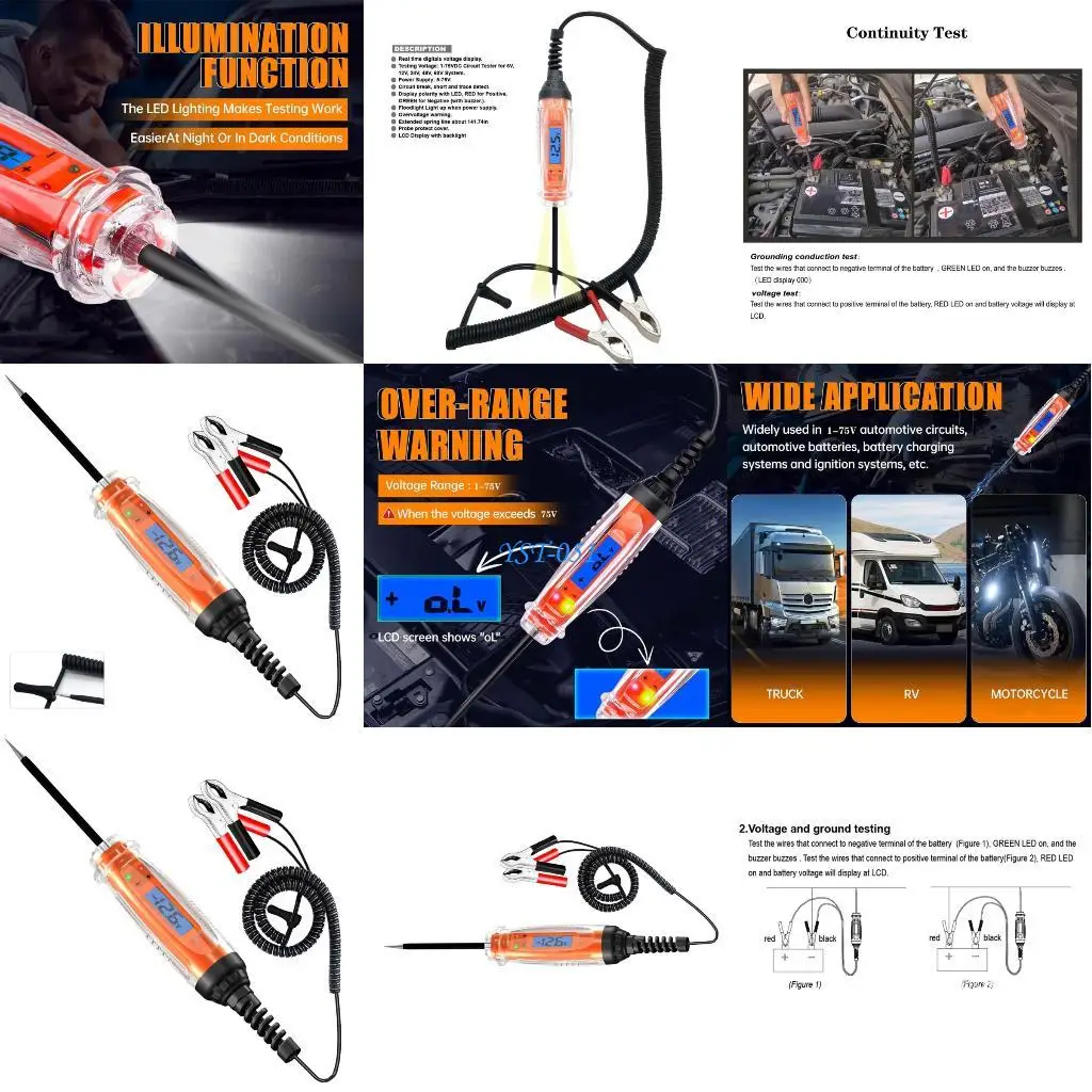 

E15A Automotive Circuit Tester with LCD Screen Sound Light Alerts 1 to 75V Ranges Suitable For Car Battery Detection