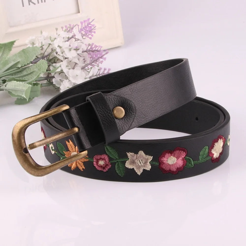 New Design Waist Decoration Versatile Embroidered Flower Leather Belt Waist Strap Pin Buckle Waistband Trouser Dress Belts