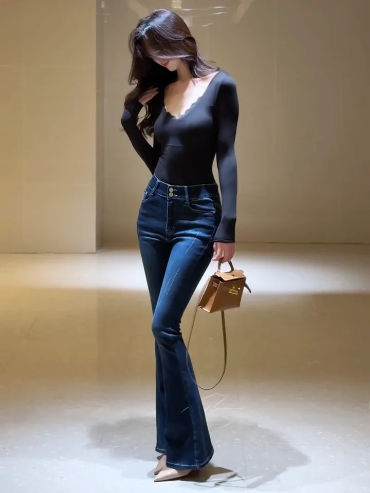 

High Waist Flared Jeans Women's Korean Sle Slim Fit High Elastici Double Bule Wide Leg Pants Cotton Stretch Denim