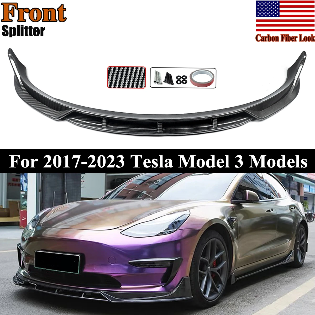 Carbon Fiber Look MP Style Front Bumper Splitter Compatible with 2017-2023 Tesla Model 3 Front Lip Spoiler Body Kit ABS Plastic