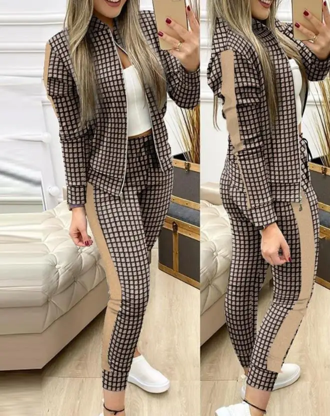 Two Piece Set Women Sporty Plaid Print Zip Up Baseball Collar Long Sleeve Jacket Tops and Drawstring High Waist Sweatpants Set