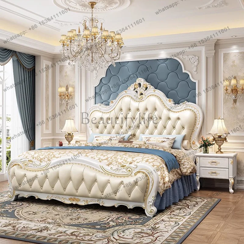 FG European Double Bed Wooden Design Leather Queen Bed Simple Luxury Bedroom Princess Safe Letto Matrimoniale Trendy Furniture
