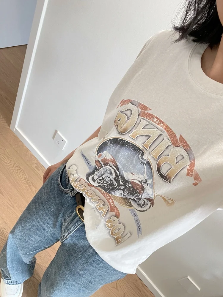 

Футболка YN Chic Heavy Waed в американском ретро-стиле с мотоциклетным принтом, короткий рукав, круглый вырез, хлопок, свободный крой, летний топ