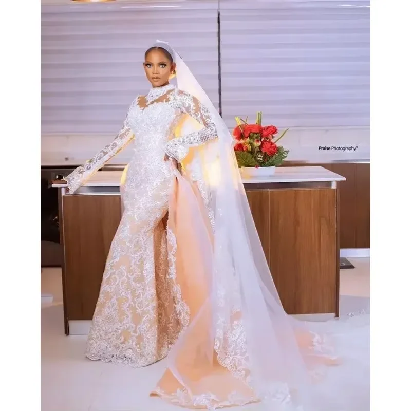 Customized Plus Size Champagne Mermaid Wedding Dress Lace Detachable Train Bridal Gowns Dresses