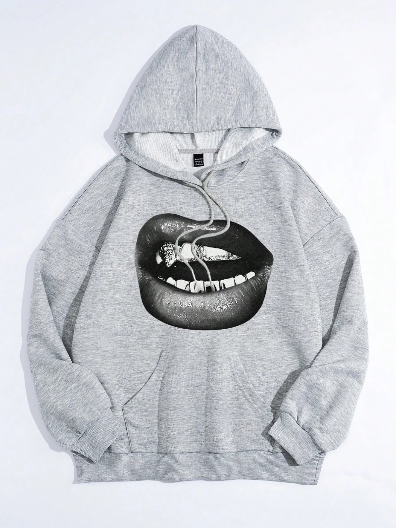 سويت شيرت نسائي بكتف منسدل مطبوع عليه شعار، سويت شيرت كاجوال مثير بطبعة شفاه فضفاض مناسب للنساء، خريف/شتاء