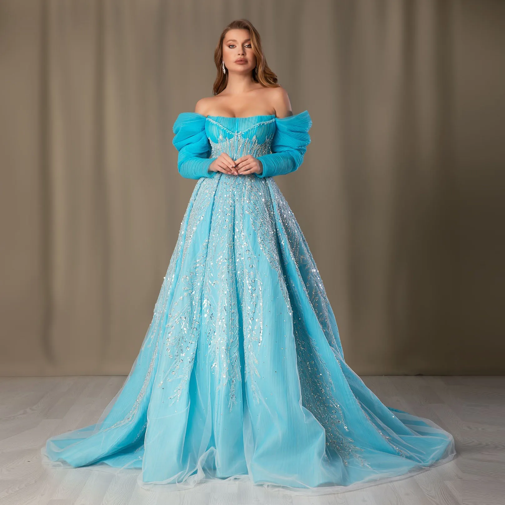 Charming Ice Blue Beaded Lace Long Evening Dresses With Full Sleeves Elegant Arabic A-line Wedding Guest Prom Gowns