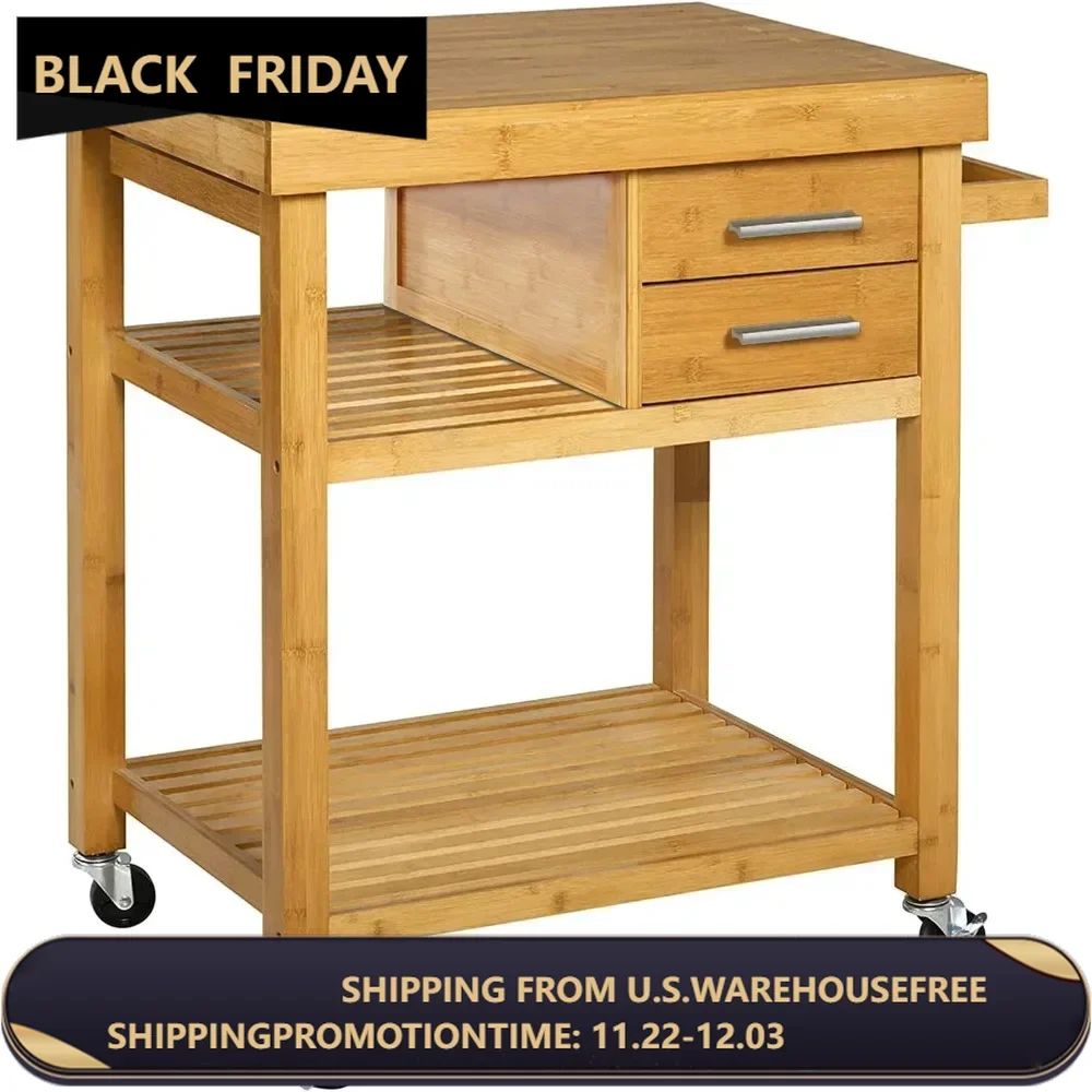 Rolling Kitchen Island Cart with Drawers Shelves, Towel Rack, Locking Casters,Butcher Block Food Prepping Cart Trolley on Wheels