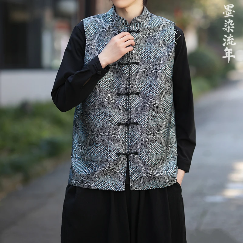 Men Chinese Style Vest Retro Ethnic Style Sleeveless Jackets Men Buckle Vests Fashion Casual Tank Tops Male Hanfu Waistcoats