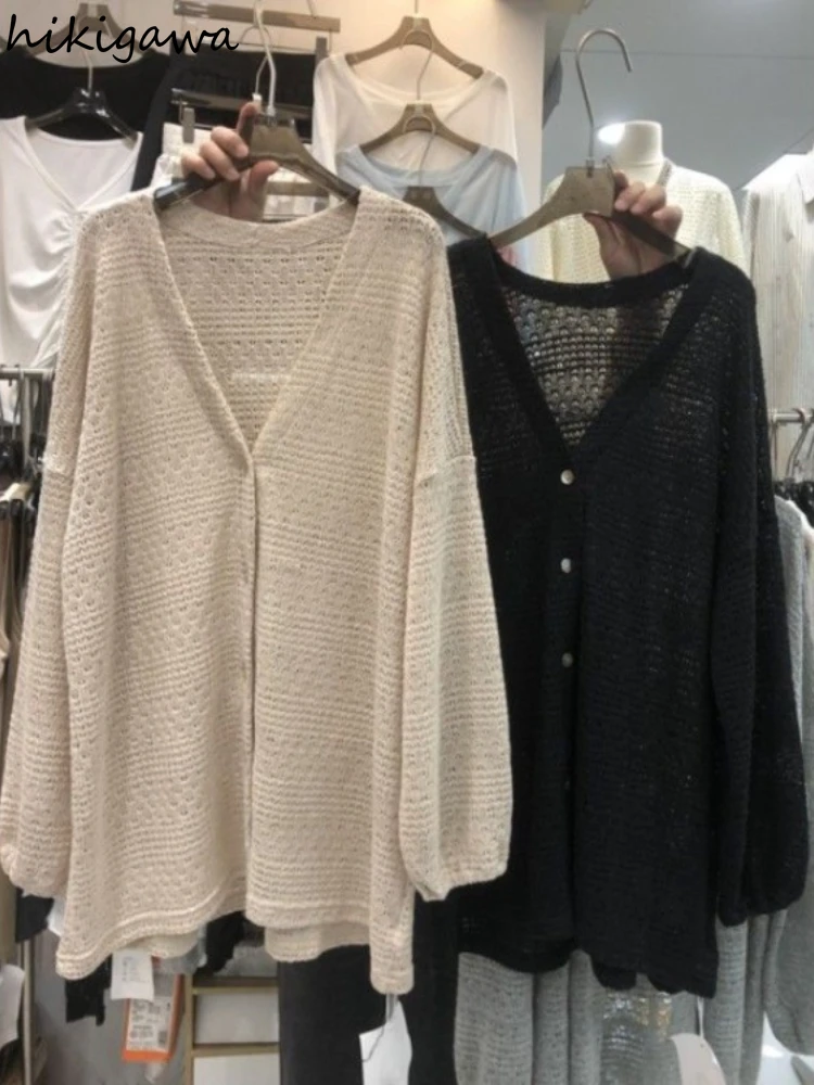 

Women Oversized Cardigan Korean Clothes Sueter Mujer V-neck Long Sleeve Chic Pull Femme Solid Color Knitting Thin Sweater Coat
