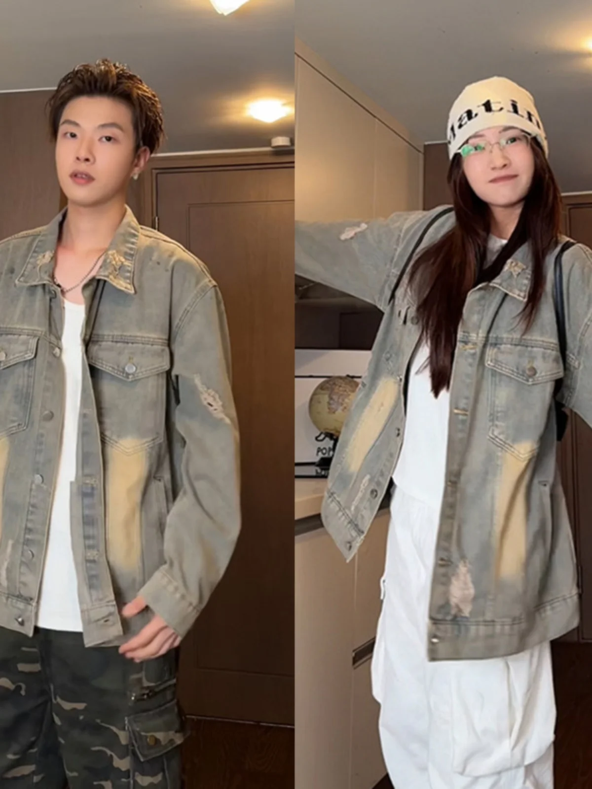 

American Vibe High Street Distred Denim Jaet Spring Autumn Loose Versatile Trendy Vintage Waed Couple's Jaet