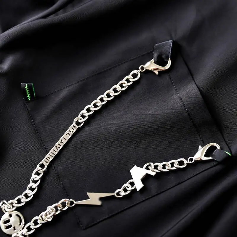 Punk Chain Unisex Black Shirt With Chain Loose Vintage Slant Placket Drape Long Sleeve Design Neutral Style Couple Top