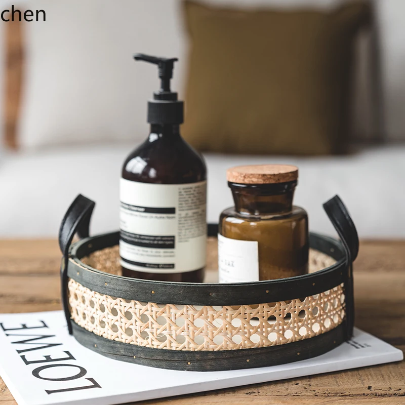 

YXY Retro Rattan Tray with Leather Handle Round Perfume Aromatherapy Tray Fruit Tray Storage Basket Ornament