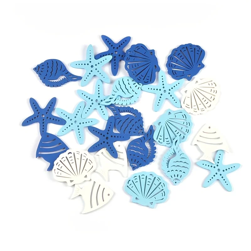 50pcs Mediterranean Wooden Craft Shapes - Starfish Seashells & Fish in Blue & White, Circular Ocean-Inspired DIY Decor for Beach