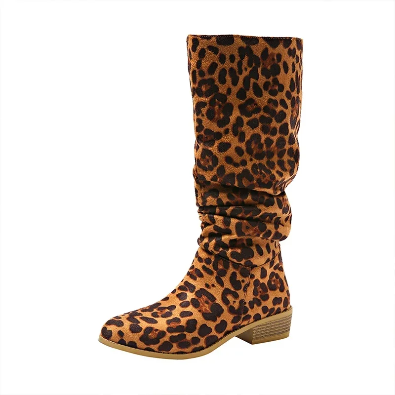 Stivali alti da donna leopardati Sexy Chunky scarpe a punta al ginocchio donna 2024 Trend inverno nuovo Gladiaotor moto Botas Mujer