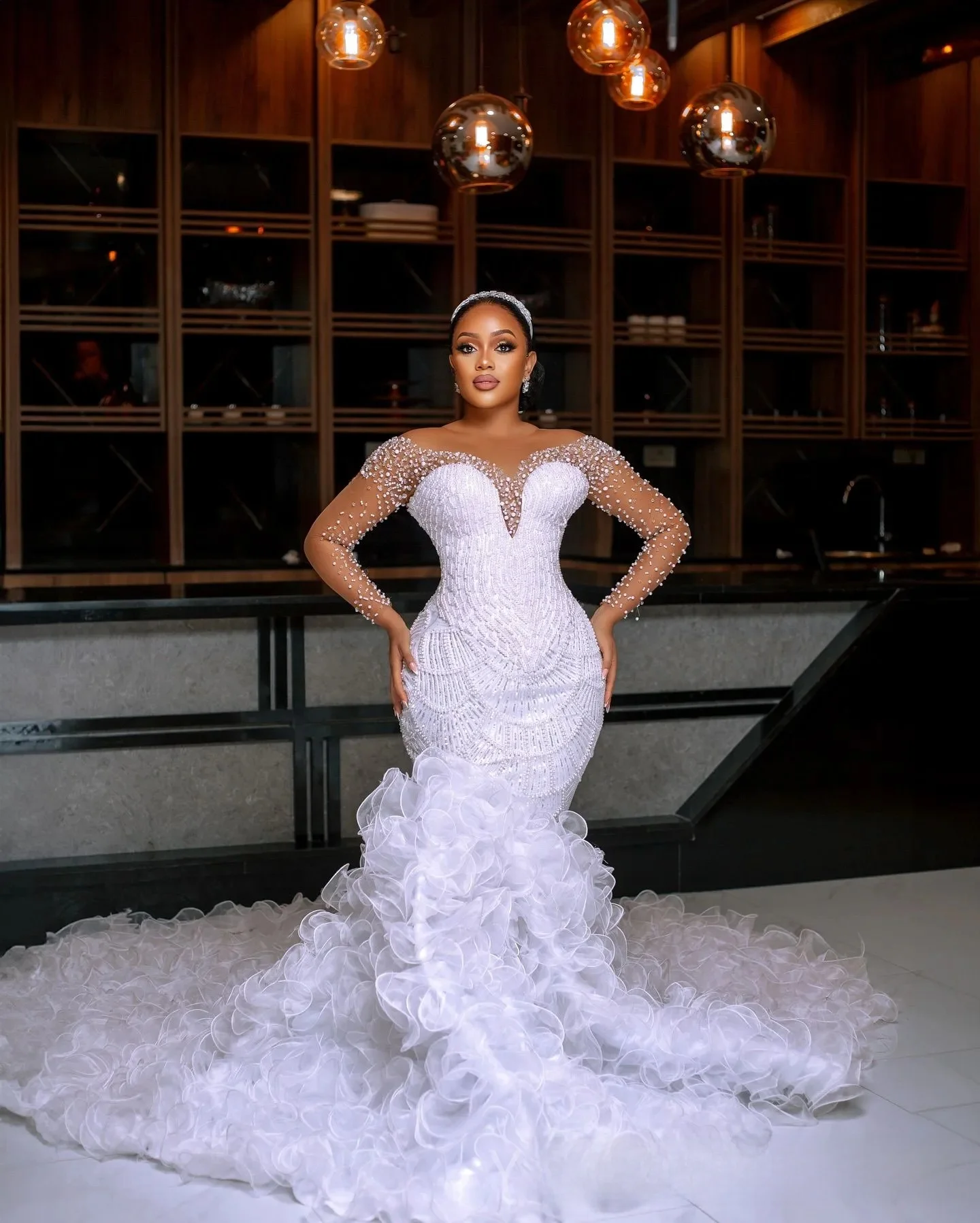 Customized Plus Size Wedding Dress Bride Mermaid Wedding Gowns Detachable Train Illusion Sheer Neck Long Sleeves Pearls Dresses