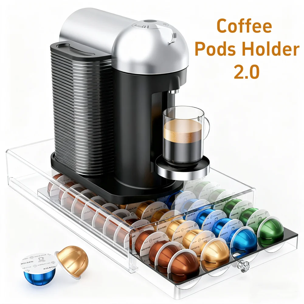 

Upgraded Coffee Pods Holder Acrylic Drawer Compatible with Nespresso Vertuo Capsules And Dolce Gusto Capsules 40 Pods Storage
