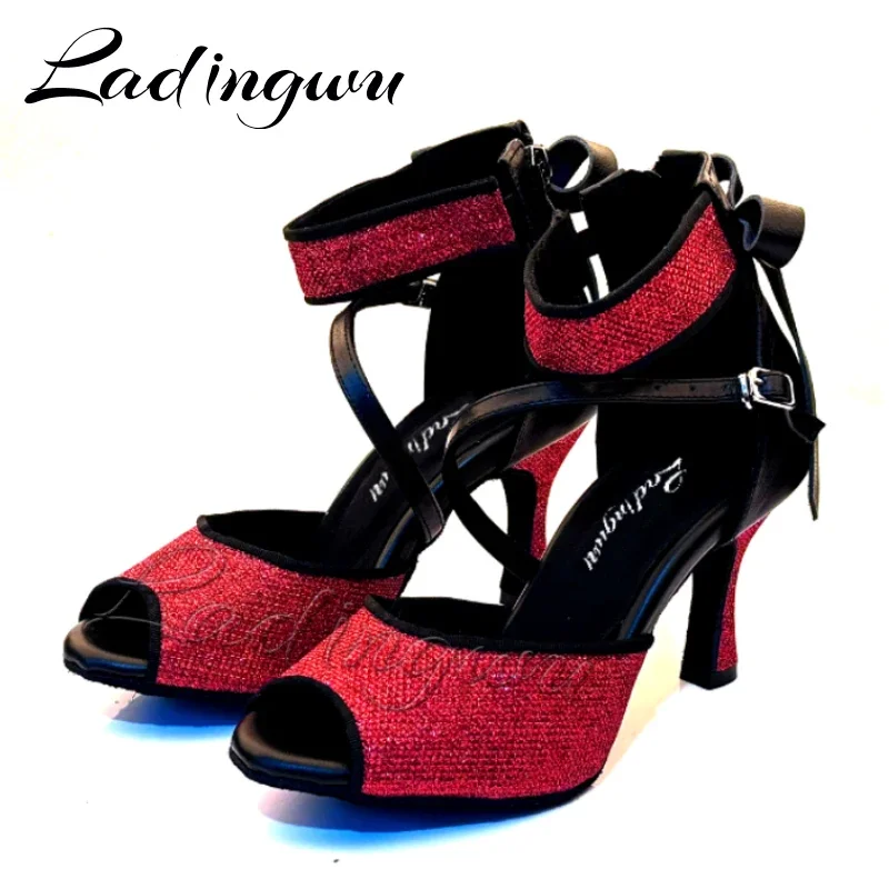 Ladingwu-Red Glitter Latin Dance Shoes, Black Leather Bow, Salsa Dance Shoes, Tango Dance Shoes, Ballroom Sandals