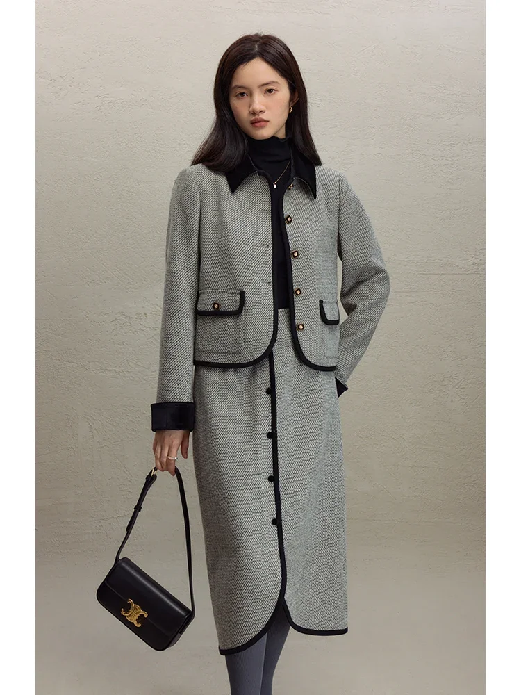 ZIQIAO 30% Wool Women Temperament Short Houndstooth Coats Patchwork Design Button Decoration Women Long Winter Thicken Skirts