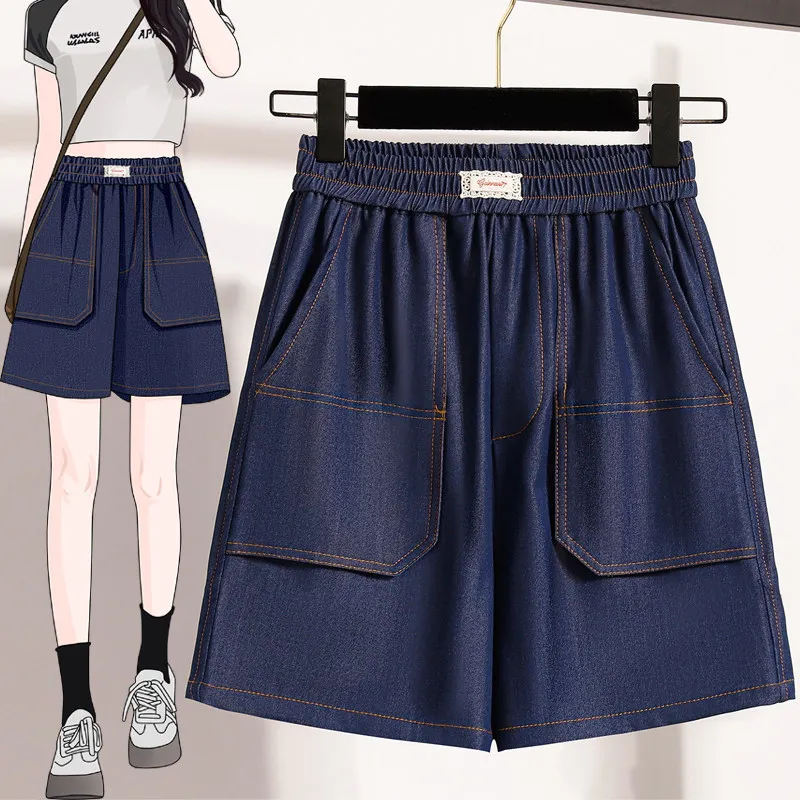 Summer thin high waisted five-point wide leg pants women slimming large pockets fashionable and versatile casual denim shorts