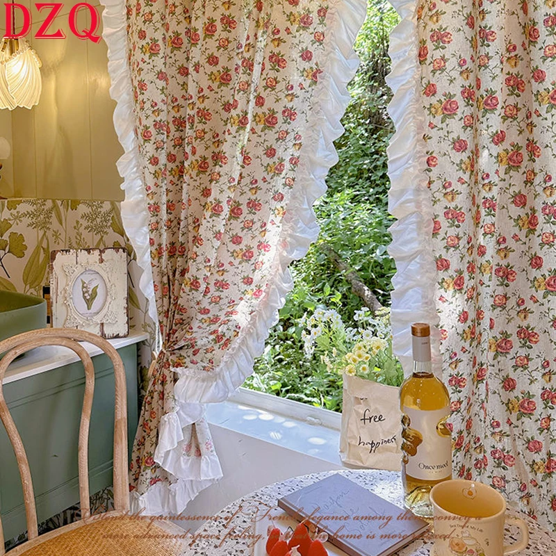 

Idyllic French Rural Flowers Door Curtains Cloth for Living Room Warp Ruffled Cotton and Linen Curtains for Kitchen #A459