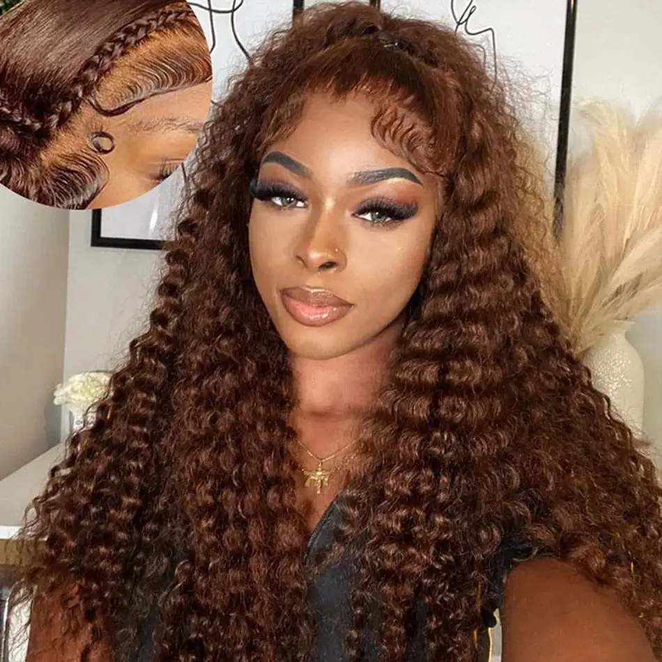 

Colored Chocolate Brown Curly Lace Front Human Hair Wig 13x4 13x6 Brazilian Deep Wave Transparent Lace Frontal Wig Glueless Wigs