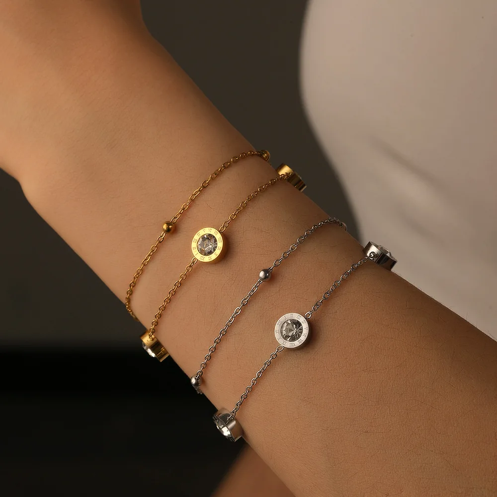 

Fashionable titanium steel double-layer bracelet with rhinestones, double-layer stainless steel, colorfast.