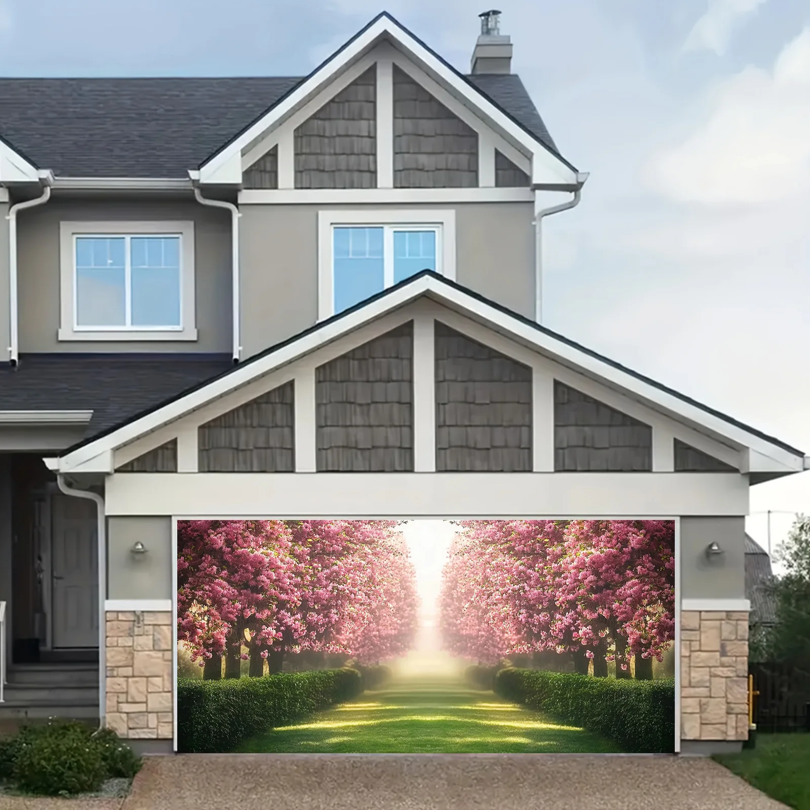 لافتة باب ثنائية الأبعاد، لافتة باب جراج كبيرة على شكل زهر الكرز - أشجار وردية وزخرفة مسار بيضاء #5