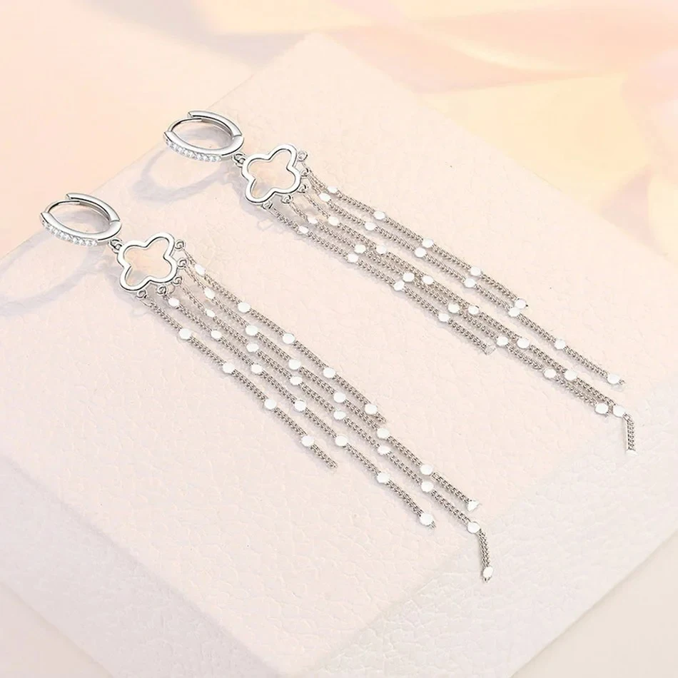 1 Pair 925 Sterling Silver inlay Zircin Four Leaf Clover Sequins Tassels Earrings for Women's Jewelry for Everyday Accessories