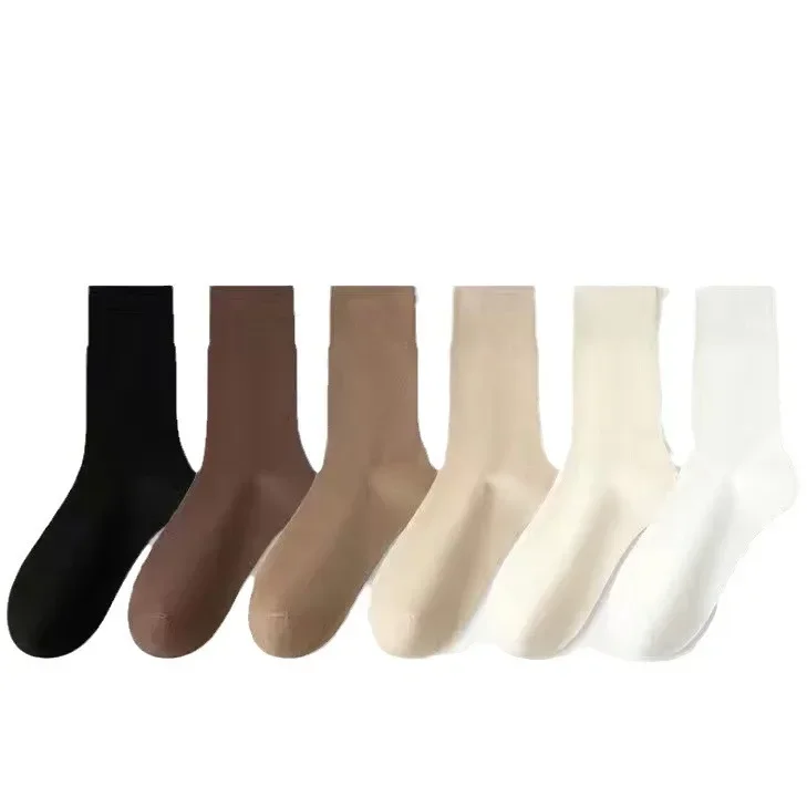 

6 pairs of spring and summer women's mid-calf socks, simple and comfortable khaki gradient solid color socks