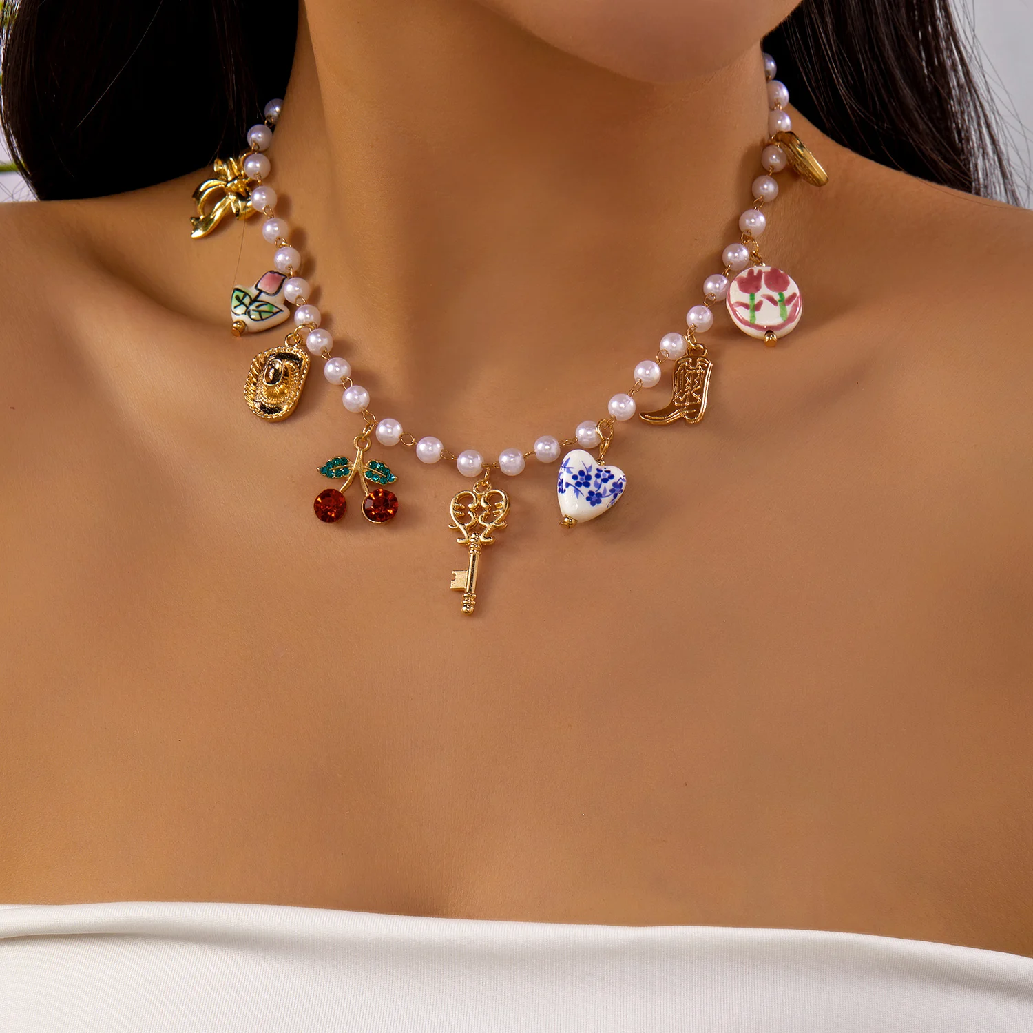 الحد الأدنى زهرة الكرز الأحمر قلادة قلادة للنساء فتاة الحلو الفراولة القلب القوس سلسلة الترقوة هدايا مجوهرات الصداقة #2