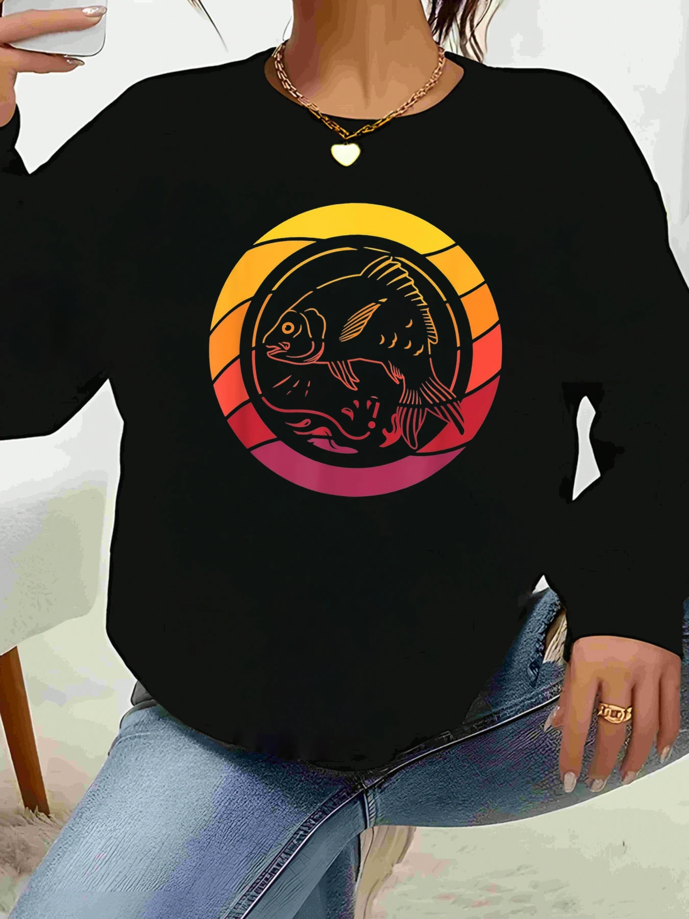 

Толстовка с длинными рукавами и принтом рыбы радужного круга для повседневной женской одежды