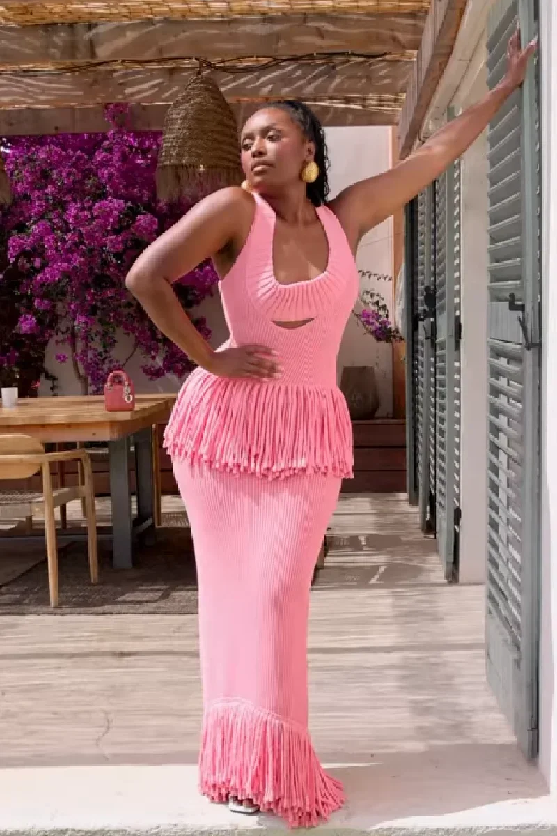 

Women Sexy See Through Knitted Maxi Dress Hollow Out Deep Neck Polka Robes Tassel Hem Fork Party Vestidos New Lady Club Dresses