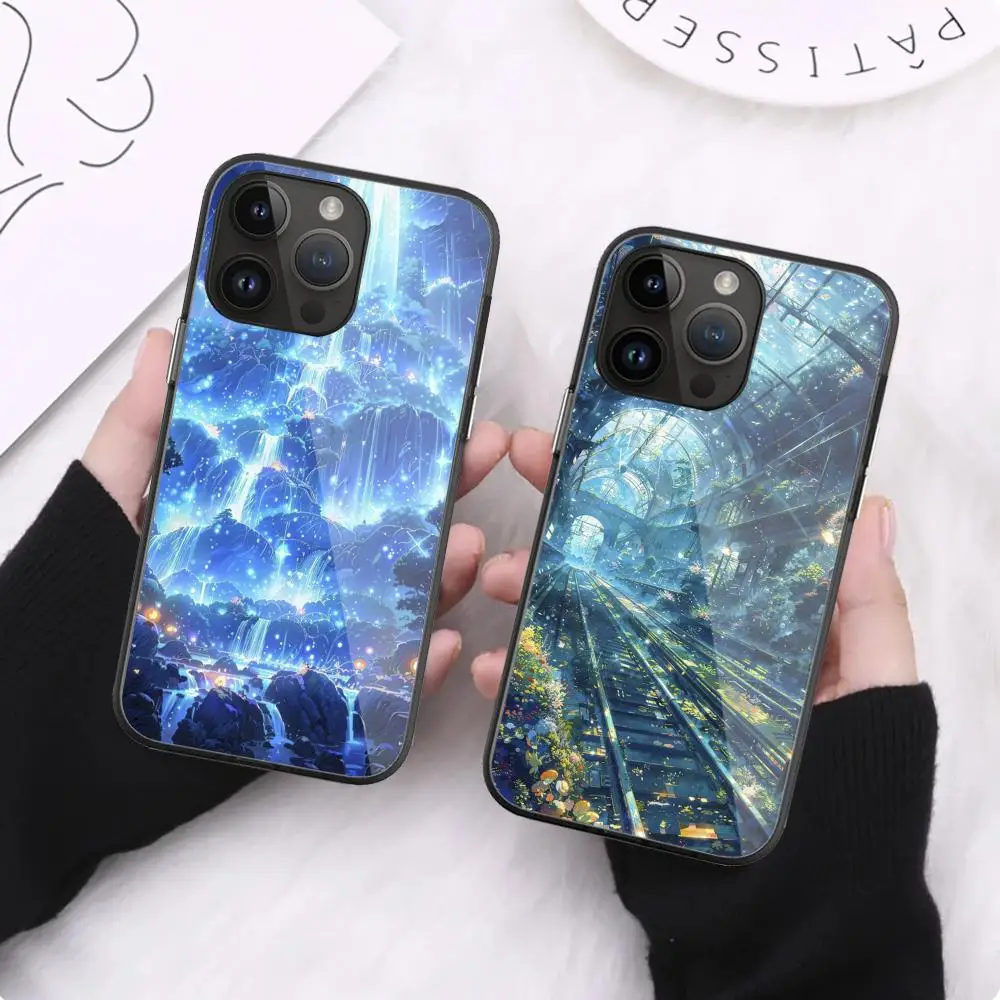 City starry night Phone Case For iPhone 16 Pro Max 15 14 13 12 Mini 11 XR XS 8 7 Plus Black Art Glass Cases