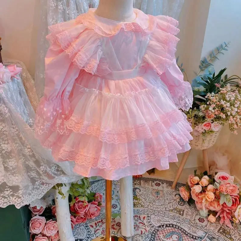 Baby girl clothes Spanish retro lolita princess dress lace Stitching print dress for girl Summer Toddler Floral Sweet Dress 2023