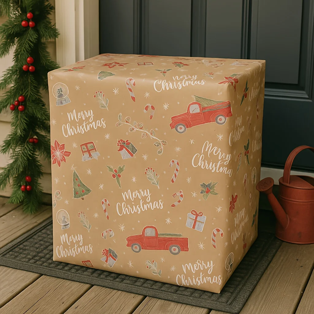 Kraft Christmas Wrapping Paper Roll, Vintage Xmas Gift Wrap with Merry Christmas Script, Red Truck,Poinsettia & Snow Globe Print