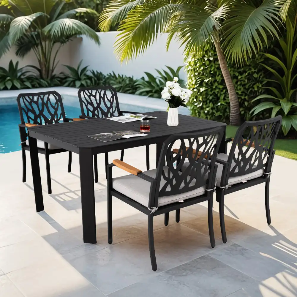 

5PC Outdoor Patio Aluminum Furniture Set, Modern Dining Set with 4 Dining Chairs Sunbrella Fabric Cushioned, Nature-Inspired Bra