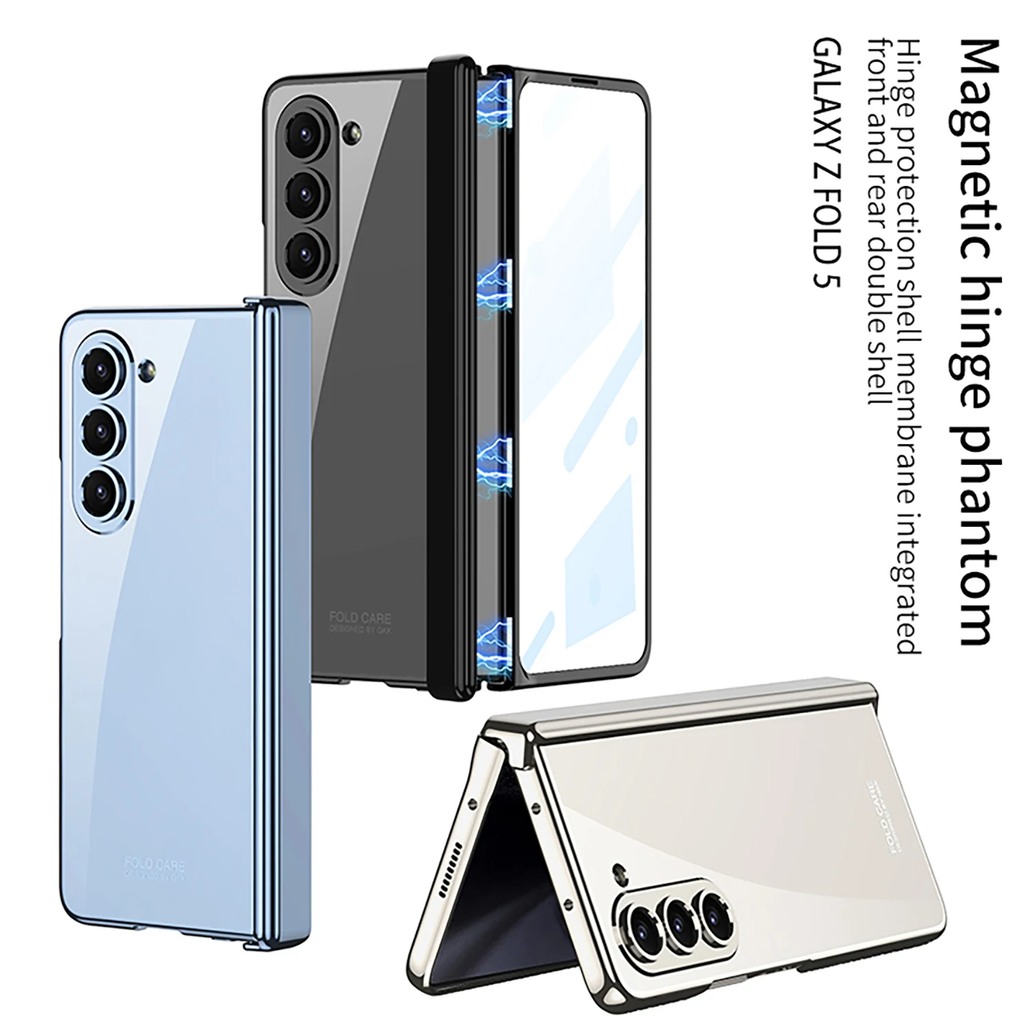 For Samsung Galaxy Z Fold 5 Case Transparent Electroplating Folding Hinge All-Inclusive With Tempered Film Shockproof Hard Cover