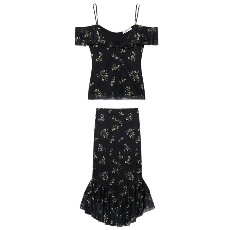 

Summer 2025 New Women's Silk Me Printed Strap Straight Collar Top f Skirt Faionable Ensemble for Ages 25-35