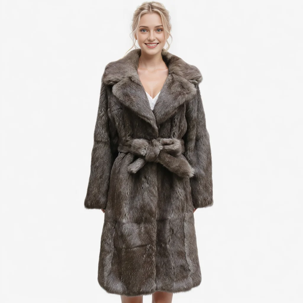 

Женская шуба из натурального натурального кроличьего меха, длинная модная куртка, женская верхняя одежда с поясом на заказ, любой размер