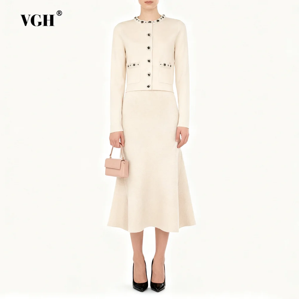 

VGH Элегантные комплекты из двух предметов во французском стиле для женщин, топ с круглым вырезом и длинными рукавами, юбка с высокой талией, повседневный вязаный комплект, женская мода