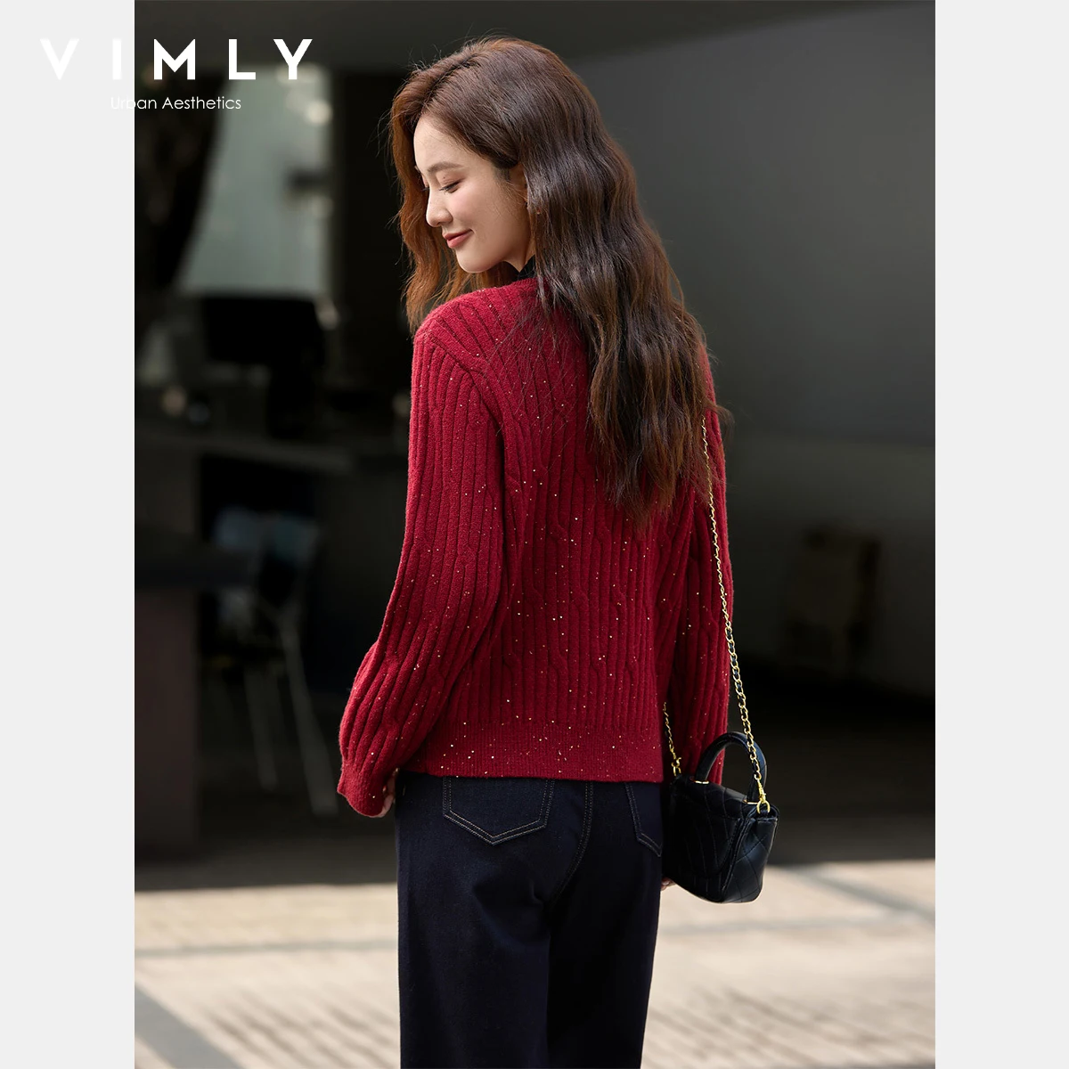VIMLY Herfst 2025 Mode Vrouw Nieuwe Gebreide Rode Truien Casual Lovertjes Ronde Hals Trui Elegante Stretch Dames Truien 75130