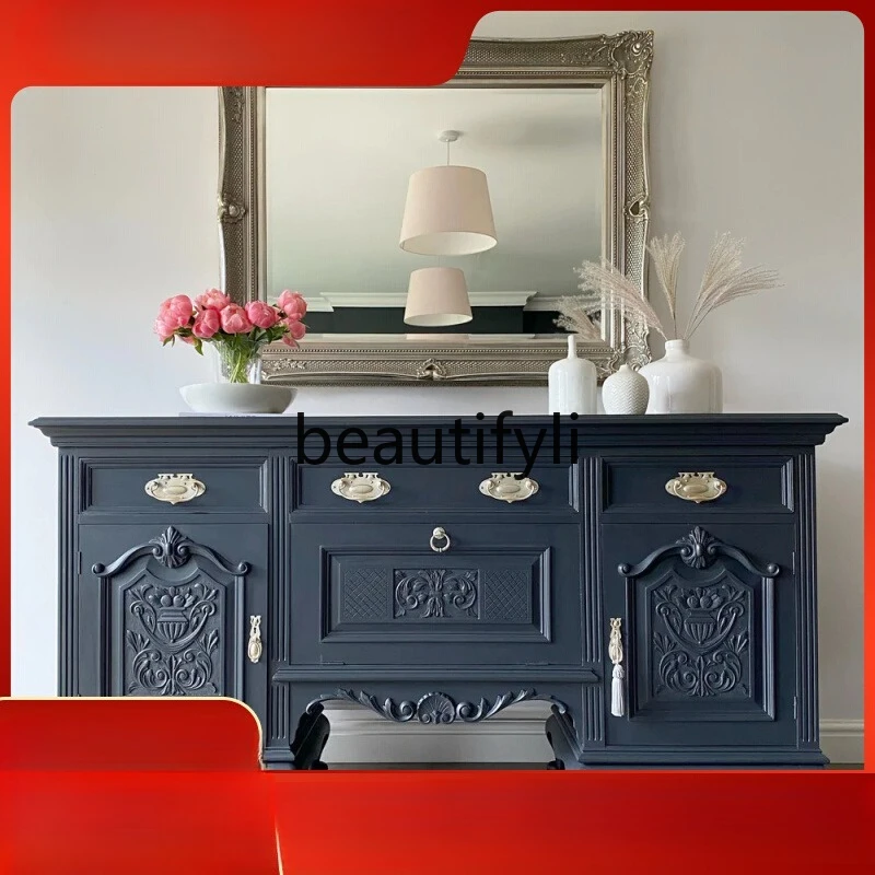 

French retro fashion solid wood dining side cabinet Nordic art living room antique sideboard