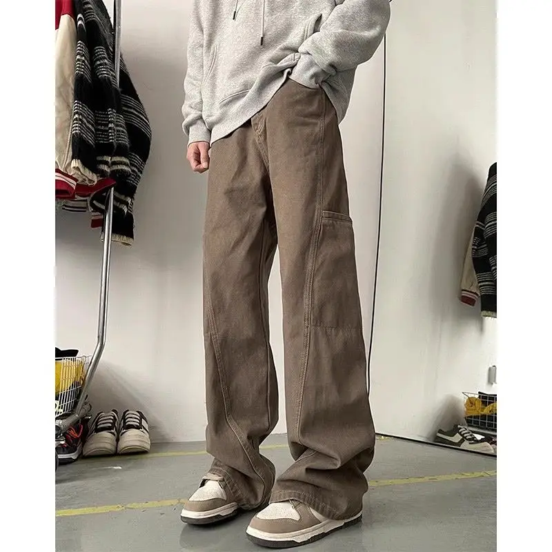 

Mens Khaki Wide Leg Cargo Pants Loose Fit Stitching Detail Casual Streetwear Trousers