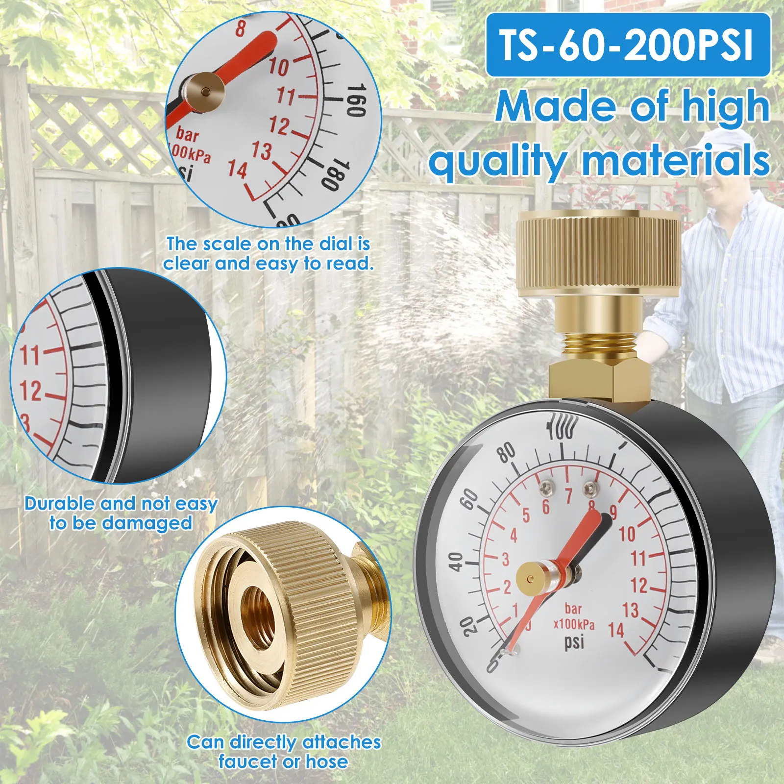 TS-60-200PSI Pressure Gauge Water Pressure Test Gauge Pool Filter Water Pressure Dial 3/4\'\' NPT Female Hose Thread