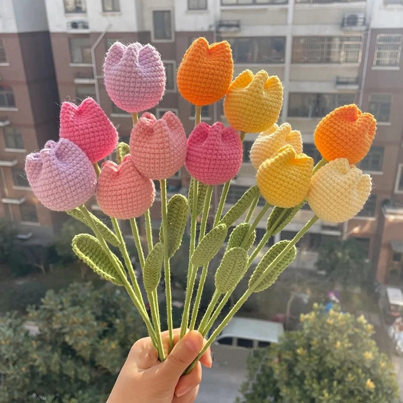 Heart shaped Knitted Flower Artificial Flowers Finished Tulip Crochet Flower  Mothers' Day 2024 Graduation Bouquet Gifts