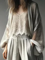 Women's Long Sleeve Cardigan Summer Thin Loose Casual Fishnet Lantern Sleeve O-Neck Cardigan Retro Ladies Jacket