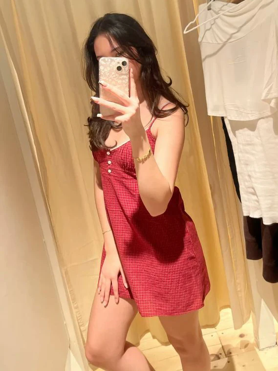 Mini robe camisole en dentelle à carreaux rouges pour femme, tenue d'été à trois boutons, taille élastique, ligne a, courte, en coton, Vintage, douce