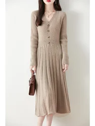 Autumn Winter New Women's Dress 100% Merino Wool Knitted Long Skirt Fashion Loose Wool Hundred Folds Dress V-Neck Pullover